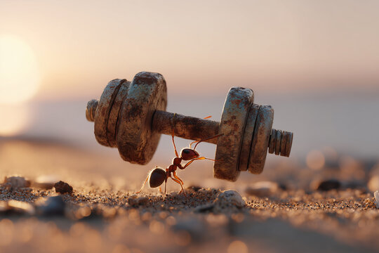 tiny dark ant effortlessly lifting a giant rusted iron dumbbell against a warm golden orange sunset beach background, symbolizing surprising inner strength and business resilience.