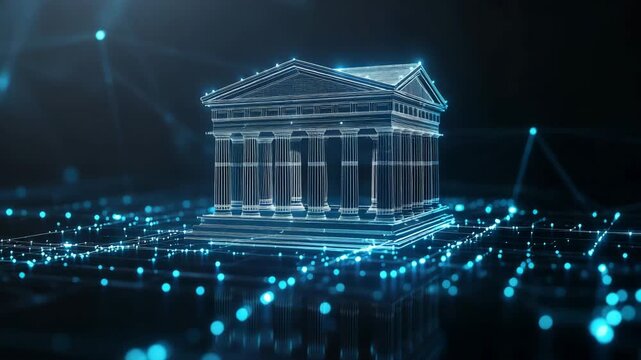 Futuristic digital representation of a classical Greek temple with glowing blue connections.