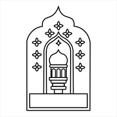 Obraz premium Line art drawing of an ornate Islamic mihrab with a mosque dome and decorative patterns, suitable for religious and cultural themes.