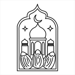 Obraz premium Line art illustration depicting a mosque and crescent moon within an arch, with three dates in the foreground, symbolizing Islamic culture and Ramadan.