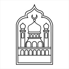 Obraz premium A minimalist black and white line art illustration of a mosque with a dome and minarets, set within an arched frame.