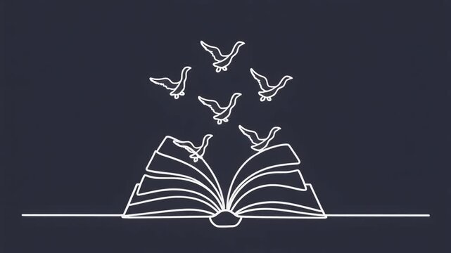 Minimalist line art illustration of an open book with birds flying out, symbolizing freedom, knowledge, and imagination.