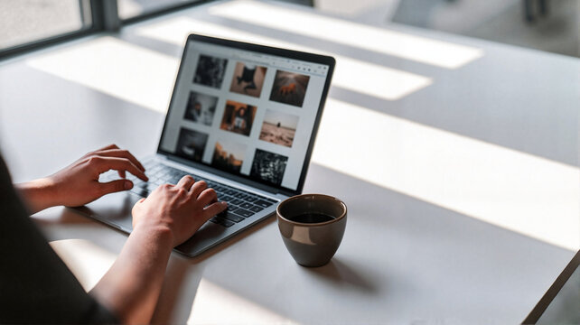 Designer hands using laptop to organize fashion collection photos