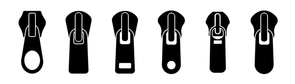 Vector zipper fastener element. Zip vector.  Various black zipper puller icons