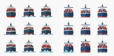 Collection of various cargo container ships and freight vessels shown from the front view on a transparent background. © ArtLuna Studio
