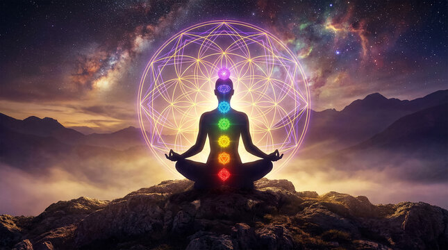 Meditating Human Silhouette with Seven Chakras and Sacred Geometry Under Cosmic Sky &ndash; AI Generated