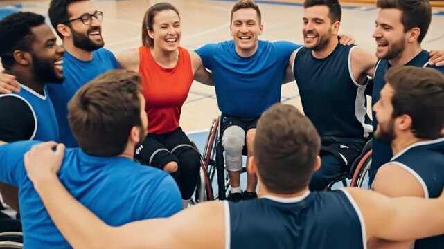 Inclusive adaptive sports team of men and women in wheelchairs huddling for motivation