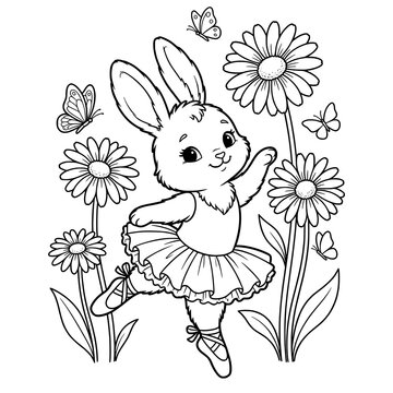 Cute bunny wearing a tutu dancing in a flower field, adorable rabbit ballerina, black and white coloring page for kids, spring dance illustration.