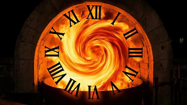 Spiral of ancient clocks in fiery time vortex concept. Fiery swirling vortex with Roman numeral clock face inside stone archway glowing with intense flames