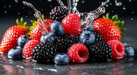 Fresh Mixed Berries Splash Water Close-up