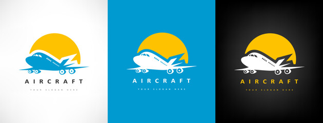 Aircraft and sun logo vector. Plane transport design
