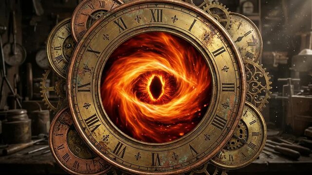Spiral of ancient clocks in fiery time vortex concept. Fiery eye vortex in antique steampunk clockwork with vintage gears and Roman numerals in dark workshop
