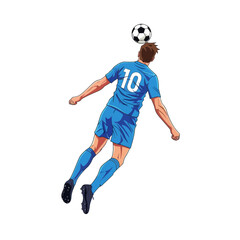 Naklejka premium Focused soccer player skillfully heading the ball during an intense match, demonstrating athleticism and precision