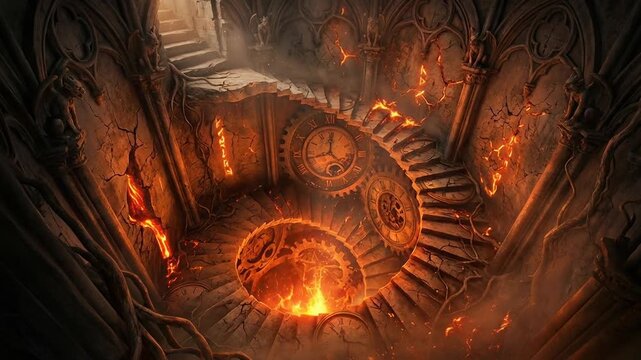 Spiral of ancient clocks in fiery time vortex concept. Fiery spiral staircase with glowing clock gears in ancient stone building with mystical atmosphere