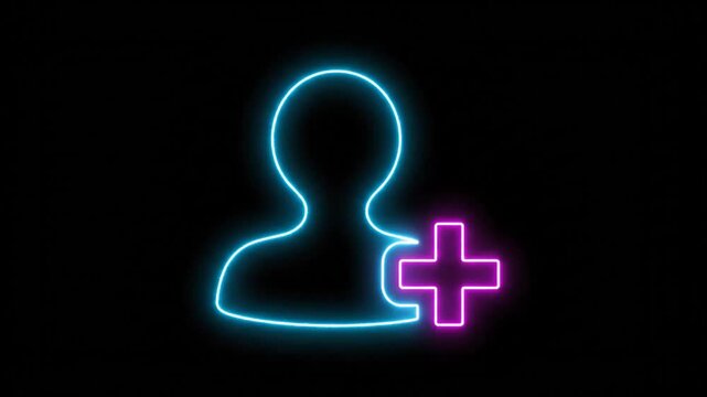 Neon blue user profile icon with a glowing pink plus sign on a dark background