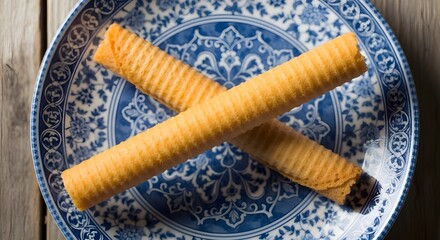 Two rolled wafer cookies with filling cross over each other on a detailed blue and white patterned porcelain serving.