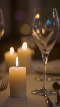 Candlelight dinner setting with wine glasses and silverware on a table at night in a dimly lit restaurant