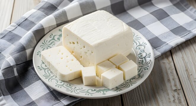 Block of fresh white queso fresco cheese is sliced and cubed on a decorative small plate atop a wooden surface.
