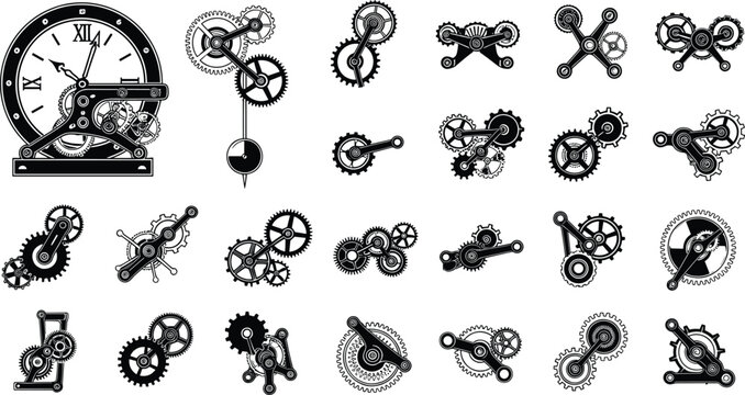 Collection of mechanical gear silhouettes with clock design, engineering illustration, machinery concept, cogs and linkages, industrial technology resource