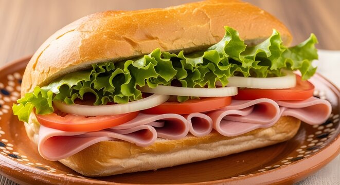 Ham and vegetable sandwich made with a telera roll displays layers of pink deli meat, white onion, red tomato,.