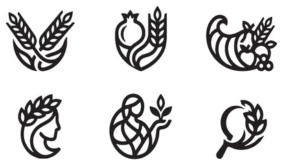 Set of six stylized icons representing harvest, agriculture, and abundance, including wheat, pomegranate, cornucopia, and female figures.