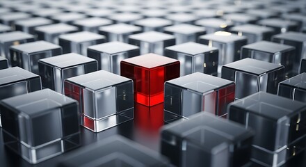 Fototapeta premium Unique red cube standing out among shiny metallic cubes