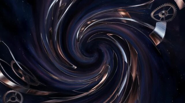 Spiral of ancient clocks in fiery time vortex concept. Abstract swirling dark vortex with metallic gears and mechanical elements in space background
