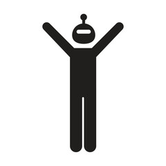 AI Robot Celebration Icon, Artificial intelligence humanoid robot raising hands celebration pose solid pictogram icon.