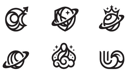 Collection of six abstract minimalist icons representing space, planets, crowns, and abstract shapes. © Riki