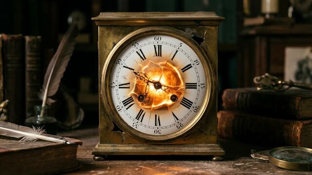 Spiral of ancient clocks in fiery time vortex concept. Antique vintage clock with glowing center surrounded by old books and quill pens on wooden table