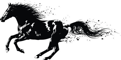 Dynamic horse silhouette galloping with flowing mane, artistic ink splatter design, symbol of speed, freedom, power, motion, energy illustration © Md Shahedul