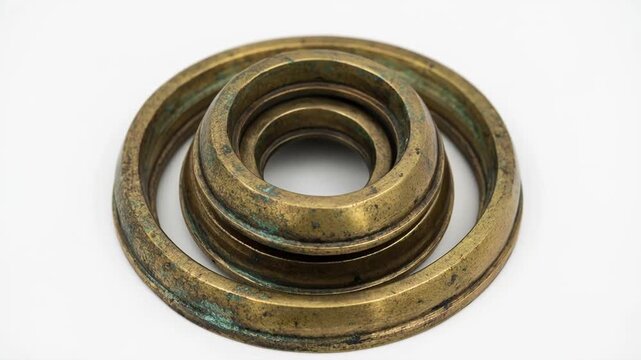 Spiral of ancient clocks in fiery time vortex concept. Close up of vintage brass rings with aged patina and rustic texture on white background