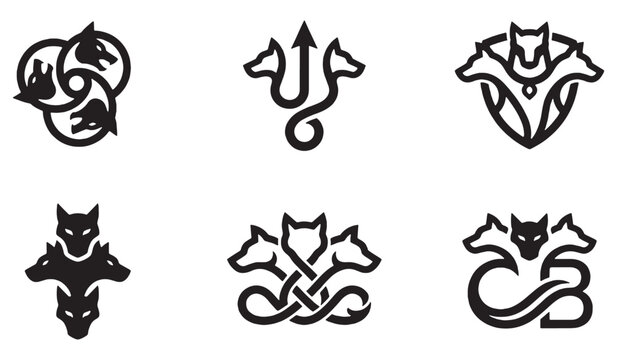 Collection of stylized Cerberus logos, representing a mythical three-headed dog in various artistic interpretations.