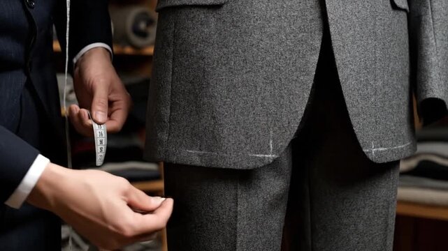 A tailor measures a man's waist with a measuring tape, focusing on precise fitting of a tailored grey suit in a clothing workshop.