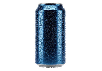 A sleek cerulean blue aluminum beverage can covered in condensation and water droplets, isolated on a white background. Concept for beverage advertising