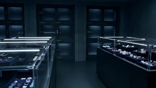 Display cases with illuminated objects showcasing artifacts and items