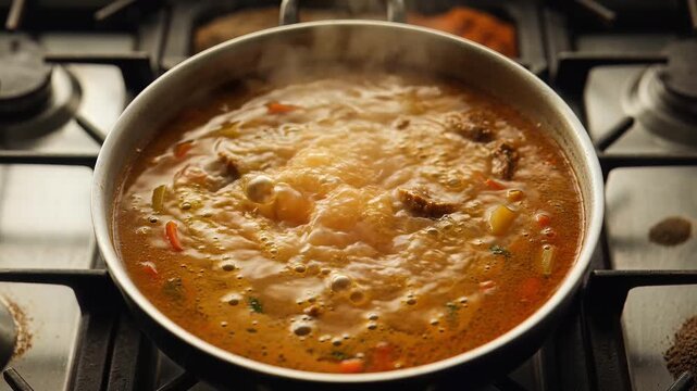 Close-up of a delicious stew simmering in a pot on a gas stove, with steam rising from the rich, bubbling liquid, showcasing the cooking process of a hearty meal.