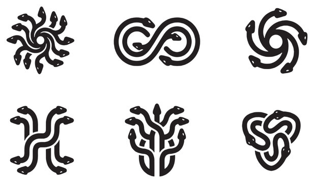 Collection of stylized snake symbols and icons, representing infinity, tribal patterns, and mythological creatures.