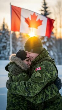 Young Canadian Military Couple Embracing During Winter Homecoming at Sunset