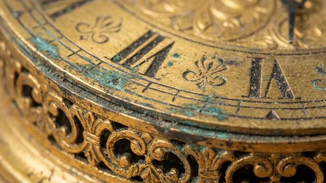 Spiral of ancient clocks in fiery time vortex concept. Close up of antique brass clock face with Roman numerals and intricate vintage design details