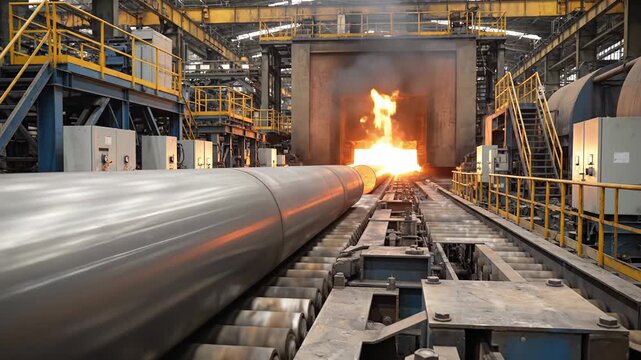 Large steel pipe moves toward furnace in industrial factory, glowing flames visible inside, with machinery and equipment lining the production area