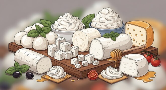 Assorted cheeses and accompaniments displayed on wooden boards with fresh fruit and herbs