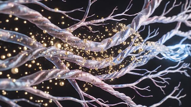 Abstract Microscopic Visualization of Twisted Collagen Fibers with Golden Particles and Blue Light in Dark Background