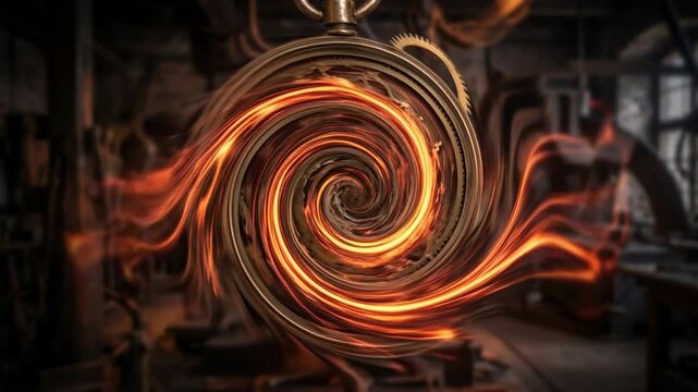 Spiral of ancient clocks in fiery time vortex concept. Abstract glowing fiery spiral with mechanical gears in industrial workshop background