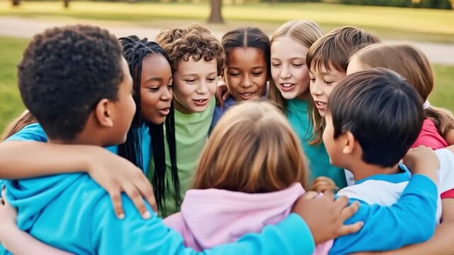 Inclusive multicultural youth teamwork circle with smiling diverse kids outdoors.