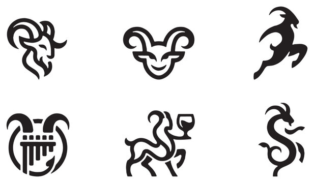 Collection of stylized goat and ram icons representing zodiac signs and mythical creatures.