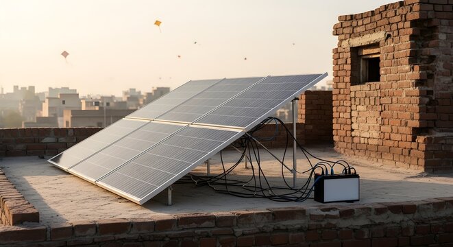 Modern solar panels installed on old red brick rooftop in urban pakistan city environment