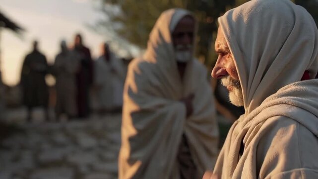 In a village outskirts, a marginalized man is touched and visibly regains composure as onlookers move from fear to acceptance. A powerful, respectful scene of healing and restored dignity.