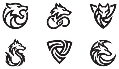 Set of stylized wolf and fox emblems and icons in a minimalist black and white design. © Riki