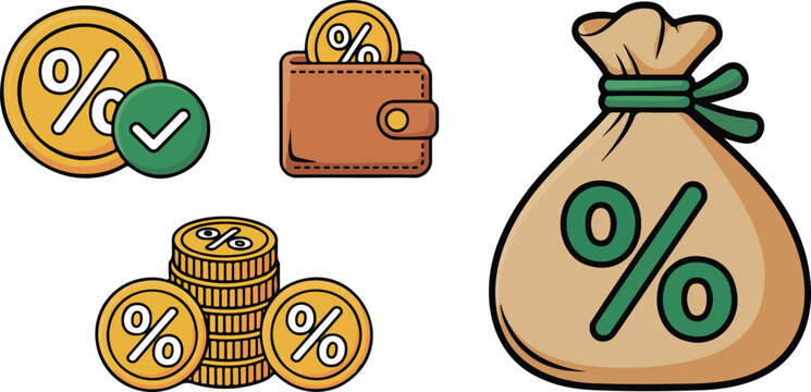 A set of four cartoon-style financial icons arranged in a 2x2 grid on a white background.